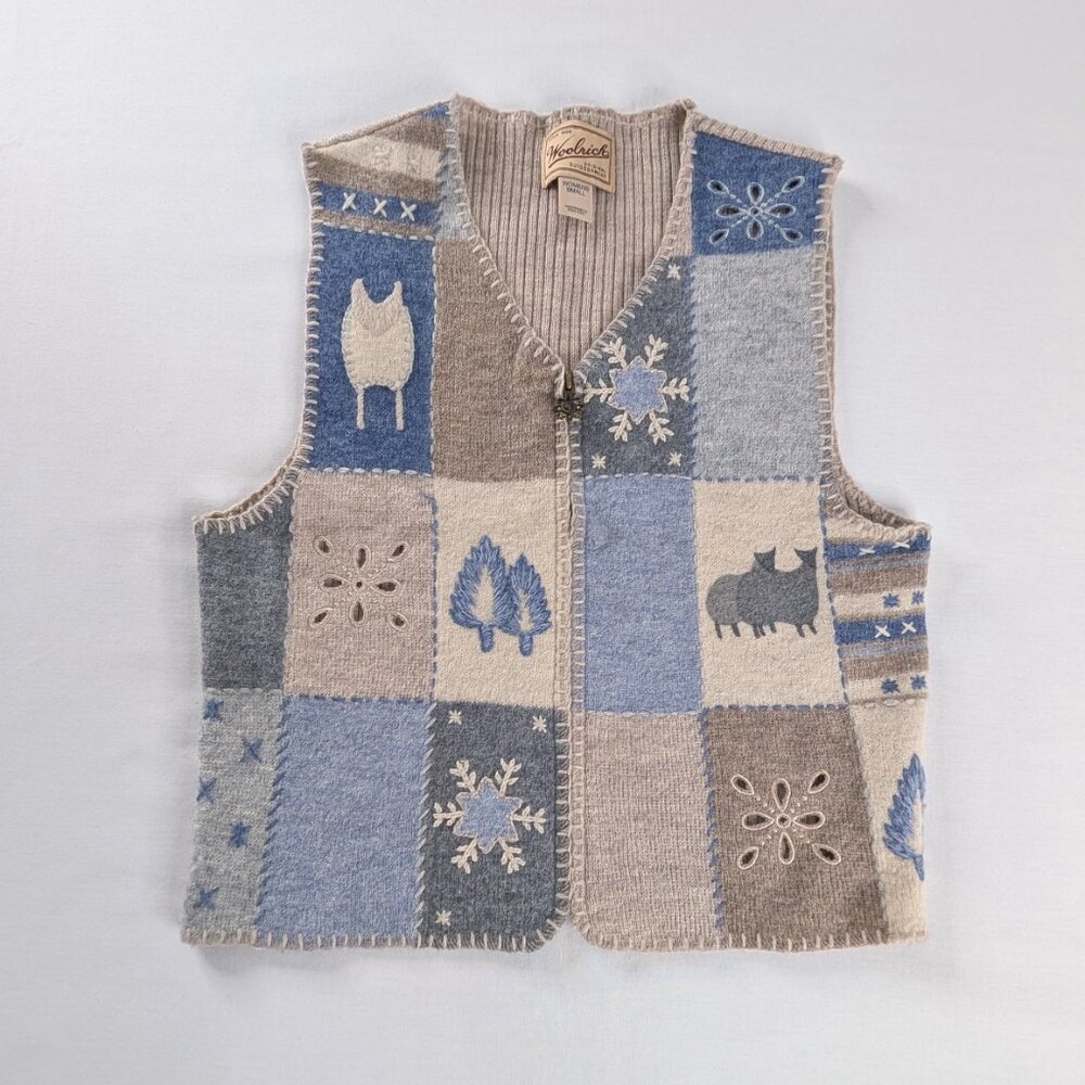 VTG Woolrich Cream Blue Winter Patchwork Wool Zip Up Ribbed Knit Sweater Vest